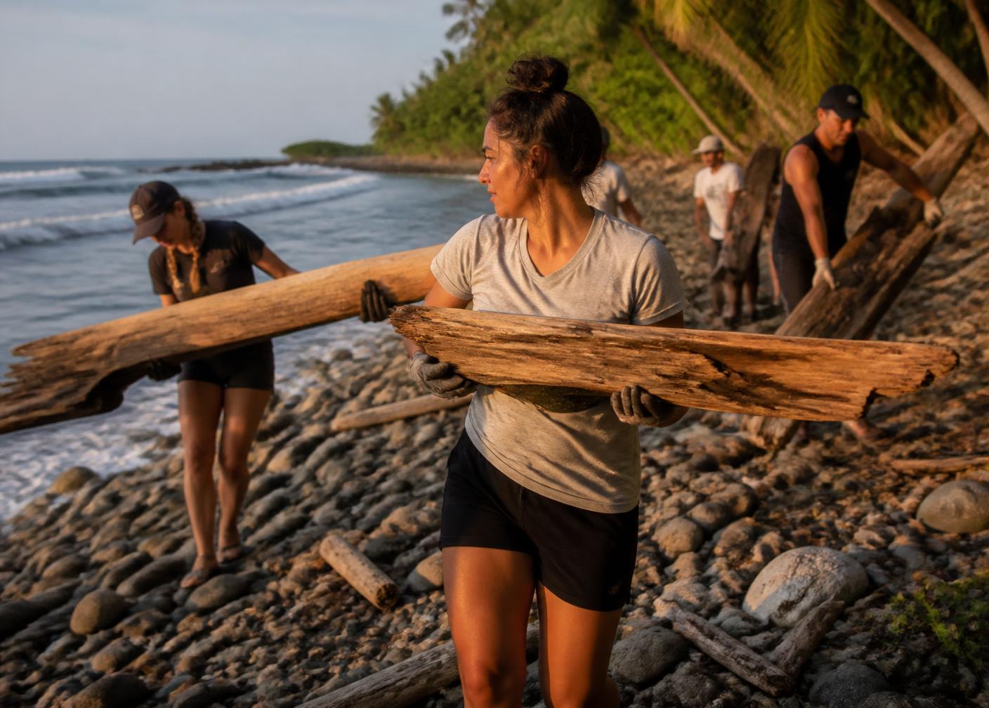 Voluntarios recolectando madera náufraga en la orilla