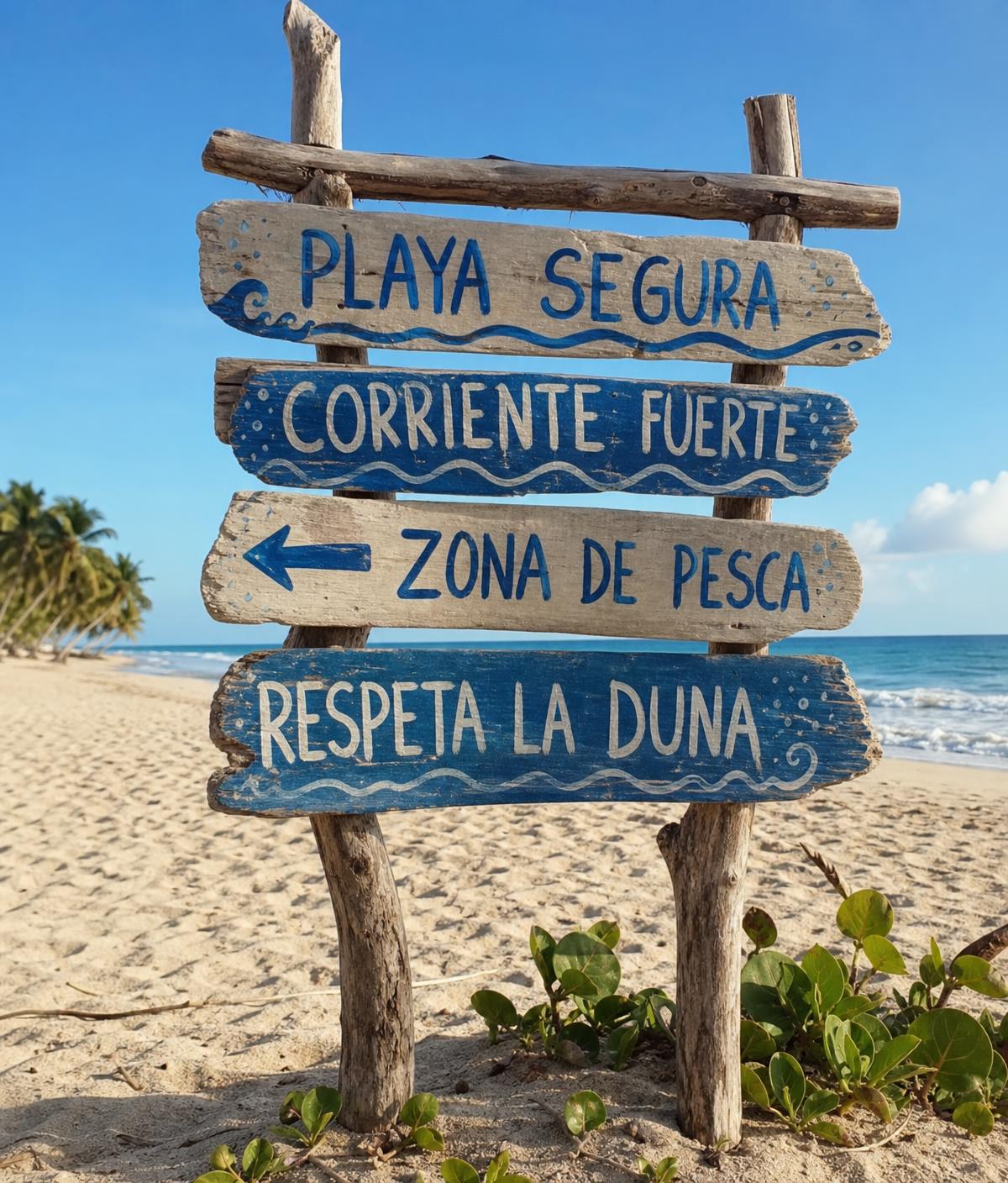 Señalética rústica hecha con madera náufraga instalada en la playa
